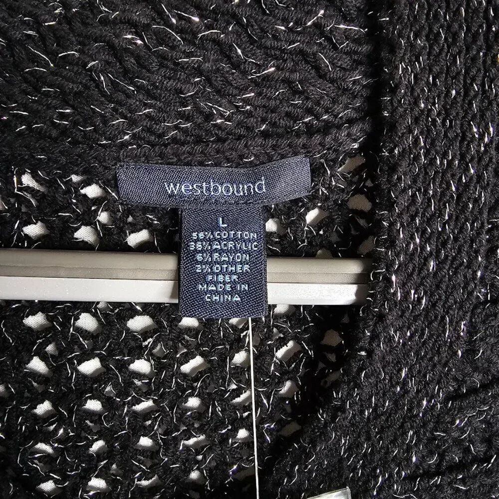 NWT WESTBOUND Open Knit Cardigan Sweater Top size L BLACK & SILVER Buttons Cozy - Picture 3 of 8